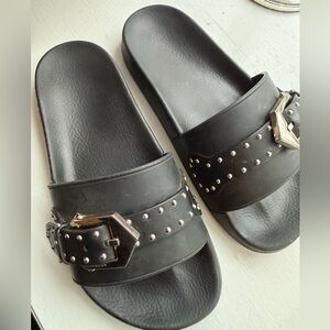 Givenchy Black Slides with Silver Accents Buckles and Studs size 36